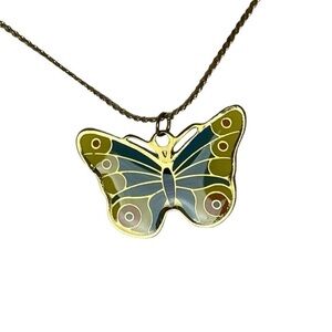 Gold Butterfly Pendant and Chain Short Necklace - Teal, Yellow, Orange Butterfly